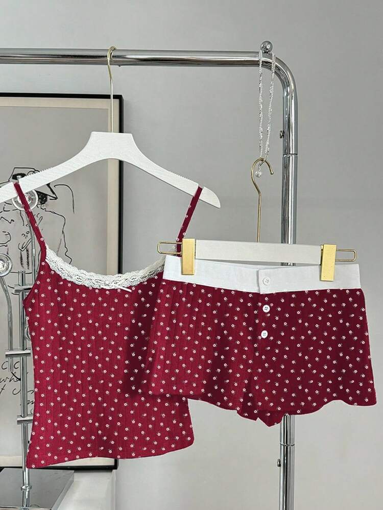 Red Lace Flower Pajama Set