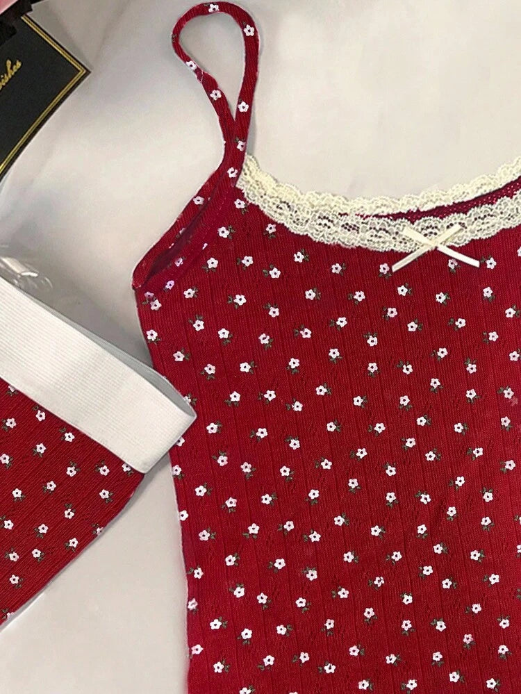 Red Lace Flower Pajama Set