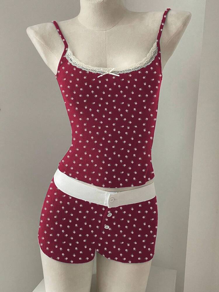 Red Lace Flower Pajama Set