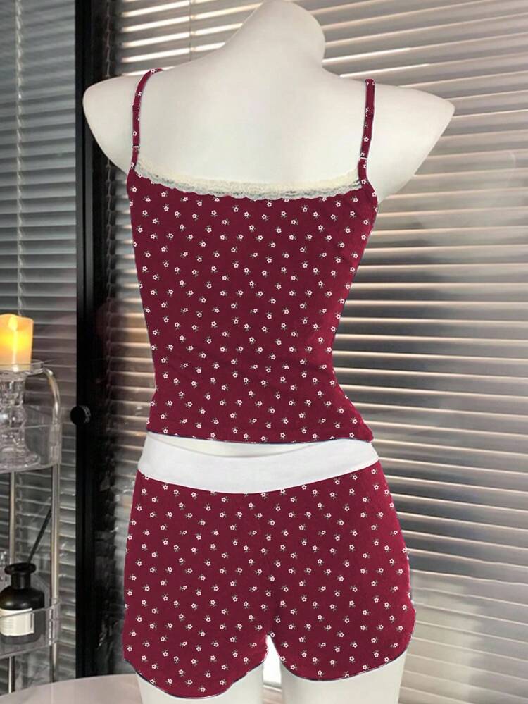 Red Lace Flower Pajama Set